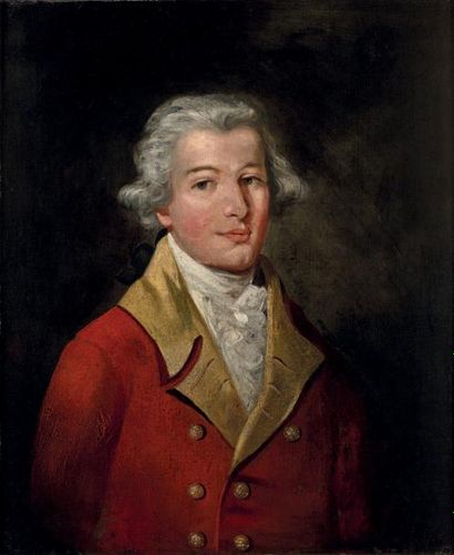 ECOLE ANGLAISE DU XIXe SIÈCLE 
Portrait d'homme au manteau rouge
Huile sur toile.
76,5...