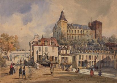 Jacques Guiaud (1810-1876) 
Vue du château de Pau Aquarelle, signée et datée 1843...