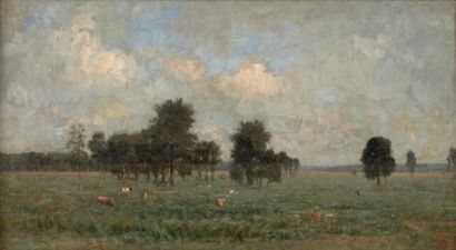 Alfred de KNYFF (1819-1885) 
Paysage aux vaches
Huile sur toile, porte en bas à droite...