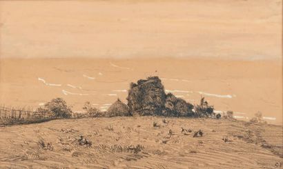 Camille FLERS (1802-1868) 
La cabane en bois - Chaumières - Paysages
Ensemble de...