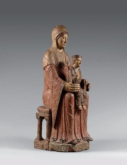 null Rare statue de Vierge à l'Enfant en majesté «Sedes Sapientiae» en chêne polychrome.
Hiératique,...