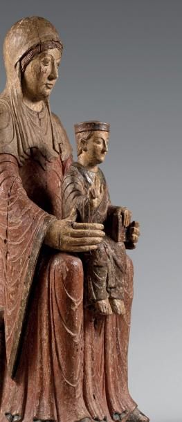null Rare statue de Vierge à l'Enfant en majesté «Sedes Sapientiae» en chêne polychrome.
Hiératique,...