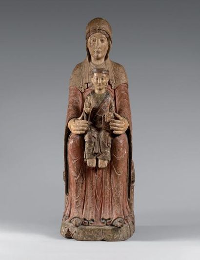 null Rare statue de Vierge à l'Enfant en majesté «Sedes Sapientiae» en chêne polychrome.
Hiératique,...