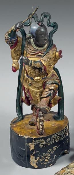 CHINE - fin du XIXe siècle Statuette du général Nezha debout en bois laqué polychrome,...