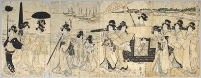 KIKUGAWA EIZAN (1787-1867) Quatre oban tate-e d'un pentaptyque, geishas et leurs...