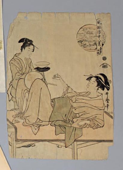 MOMOKAWA SHIKO (actif 1797-1808) Oban tate-e, femme traversant un gué sur le dos...