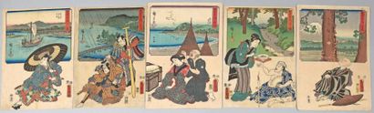 UTAGAWA HIROSHIGE II (1797-1858) et UTAGAWA KUNISADA (1786-1865) Cinq oban tate-e...