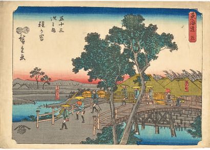 Utagawa Hiroshige (1797-1858) Deux chuban yoko-e de la série Tokaido Gojusan tsugi,...