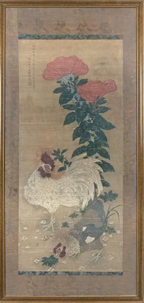 CHINE - XVIIe/XVIIIe siècle Encre sur soie, coq et poule près d'une fleur.
Signature...