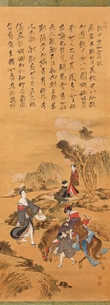 JAPON - XIXe siècle Encre polychrome sur soie, jeunes femmes et enfants sur une route,...
