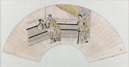 CHINE - XIXe siècle Suite de six peintures sur éventails, représentant des couples...