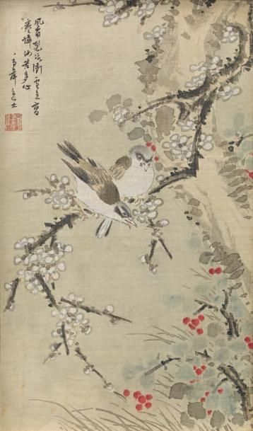 CHINE - XIXe siècle Peinture polychrome et encre sur soie, à décor d'oiseaux perchés...
