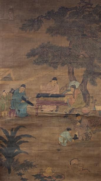 CHINE - XIXe siècle Encre et couleurs sur soie, lettrés dans un jardin avec leurs...