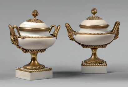 null Paire de vases couverts en marbre blanc à riche monture en bronze doré: prise...