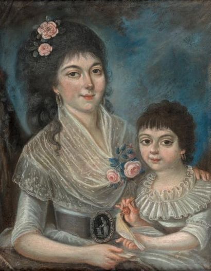 École FRANÇAISE de la fin du XVIIIe siècle Portrait d'une jeune femme et de son enfant
Pastel.
53,5...