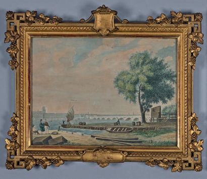ÉCOLE FRANÇAISE VERS 1820 Vue du pont de pierre à Bordeaux
Aquarelle.
19,5 x 26 ...