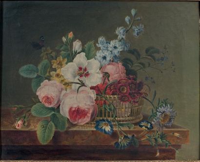 École Française du XIXe siècle Bouquet de fleurs dans un panier d'osier posé sur...