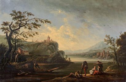 Attribué à Carlo BONAVIA (Actif de 1755 à 1788) Paysage montagneux près d'un fleuve...