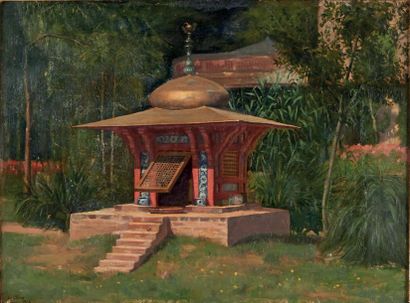 Gustave BOURGAIN (1856-1919) Le pavillon turc
Huile sur panneau, signée et datée...