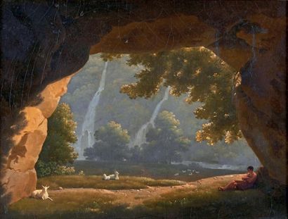 Jean-Thomas THIBAULT (1757-1826) Repos du berger et de son troupeau devant unes cascade
Huile...