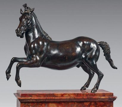 null Grande statuette de cheval cabré en bronze patiné, la crinière nouée.
Italie,...