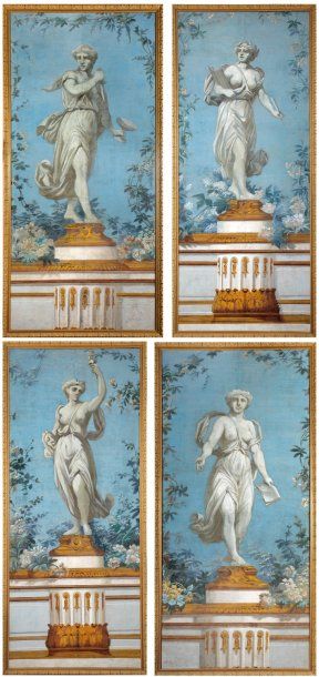 ÉCOLE FRANÇAISE du XIXe siècle Suite de quatre statues feintes représentant des Muses,...