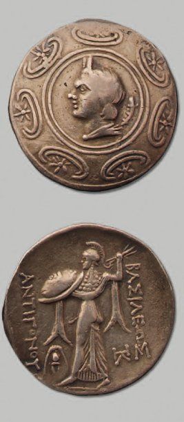null Antigone Gonatas (277-239 av. J.-C.). Tétradrachme. Tête de Pan au centre d'un...