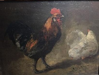 null Gustave Albert CATOIRE (XIXe- XXe)
Coq et poule
Huile sur panneau, signée vers...
