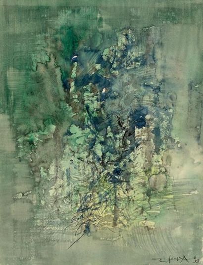 ZAO WOU-KI (1924 - 2013) 
Sans titre, fond vert, 1958
Aquarelle et encre, signée...