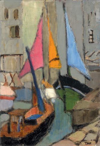 Georgette TAVE (1925-2008) 
Bateaux à Honfleur, 1971
Huile sur toile, signée en bas...
