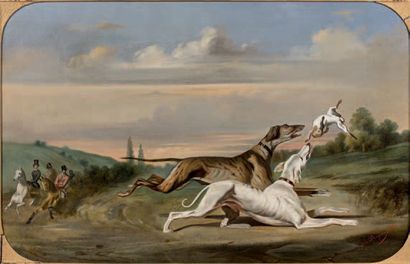 G. de DAMPIERRE 
La chasse aux lévriers, 1866
Huile sur toile à vue arrondie sur...