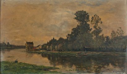 HIPPOLYTE CAMILLE DELPY (1842-1910) 
Bord de rivière, 1907
Huile sur panneau, signée...