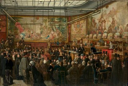 Eugène Benjamin FICHEL (1826-1895) 
À l'hôtel Drouot, 1876
Huile sur toile, signée...