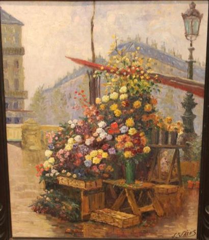 Camille saint-saEns (1835-1921) 
Étal de fleurs à Paris
Huile sur panneau.
41 x 33...