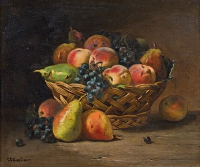 Eugène CLAUDE (1841-1922) 
Fruits variées dans une coupe en osier
Huile sur toile,...