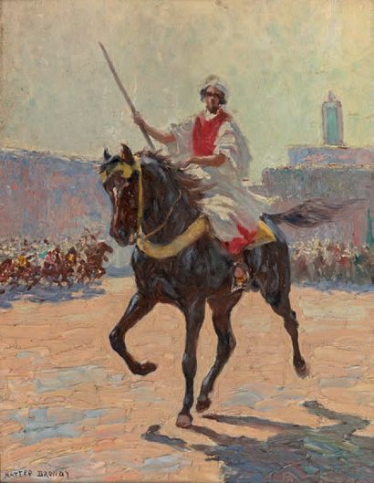 Mattéo BRONDY (1866-1944) 
Meknès, cavalier sur la place
Huile sur carton, signée...