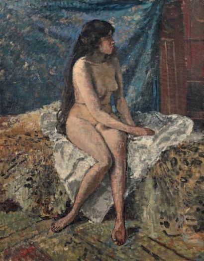 Henri Stanislas ROUART (1833-1912) 
Nu assis au drap blanc
Huile sur toile.
92 x...