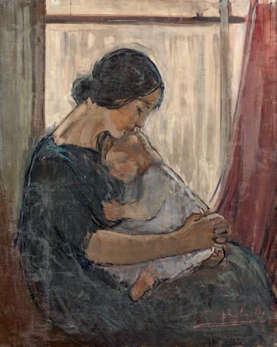 Julia THEOPHYLACTOS 
Maternité
Huile sur toile, signée en bas à droite.
(Restaurations).
81...