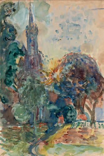 Michel KIKOÏNE (1892-1968) 
Le clocher
Gouache, signée vers le bas à gauche.
37 x...