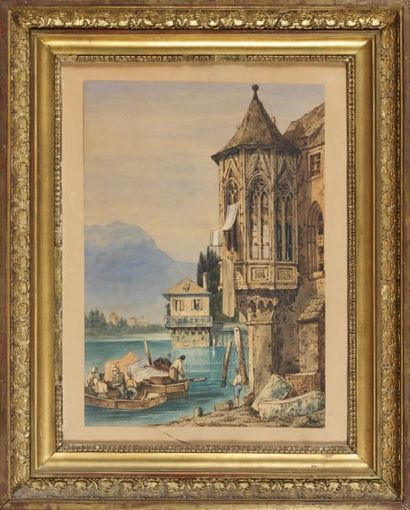 ÉCOLE ALLEMANDE du XIXe siècle Bord d'un lac alpin animé Aquarelle. 31,5 x 22 cm