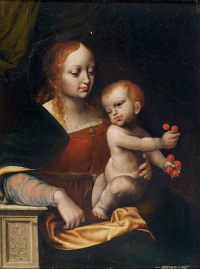 ÉCOLE FLAMANDE du XVIe siècle, entourage de Cock Van AELST Vierge à l'Enfant Huile...