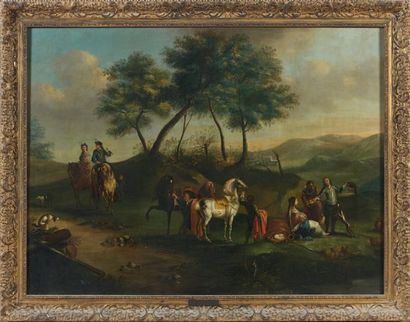 Atelier de Carel Van FALEN (1683-1733) Le repos des chasseurs Huile sur toile, rentoilée....