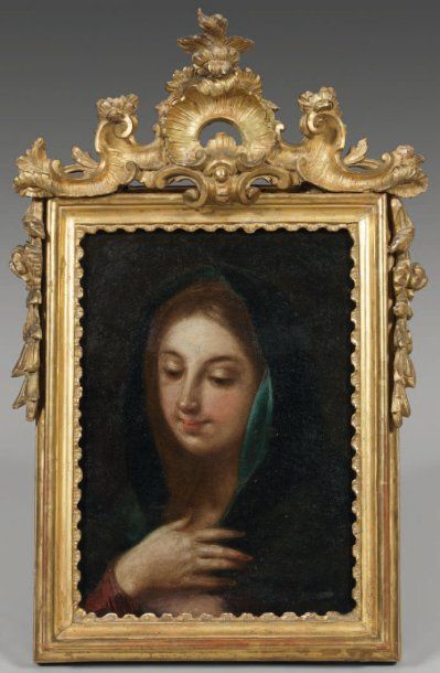 ÉCOLE ITALIENNE du XVIIIe siècle Tête de Vierge Huile sur toile (rentoilée ?). 31,5...