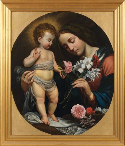 ÉCOLE ITALIENNE du XIXe siècle La Vierge et l'Enfant Jésus d'après Carlo Dolci Huile...