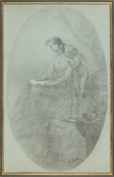 Louis-Alphonse DAVID (1798-1849) Femme inspirée par l'Amour Mine de plomb, rehauts...
