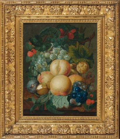 Jean-Evert MOREL (1777-1808) Nature morte aux pommes, raisins, prunes et noix Huile...