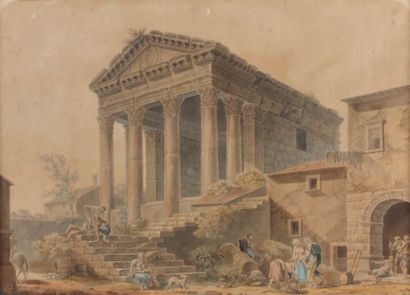 ÉCOLE ITALIENNE du XVIIIe siècle Temple romain Aquarelle sur trait gravé . 40 x 56,5...