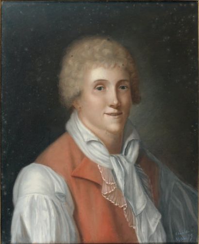 ÉCOLE FRANÇAISE du XIXe siècle Portrait d'homme à la veste rouge Pastel. Annoté "Cécile,...