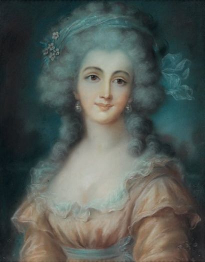 ÉCOLE FRANÇAISE dans le goût du XVIIIe siècle Portrait de femme Pastel. Porte un...