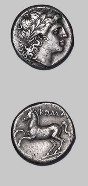 null MONNAYAGE ROMANO-CAMPANIEN (280-211 av. J.-C.)
Didrachme. Tête d'Apollon laurée...